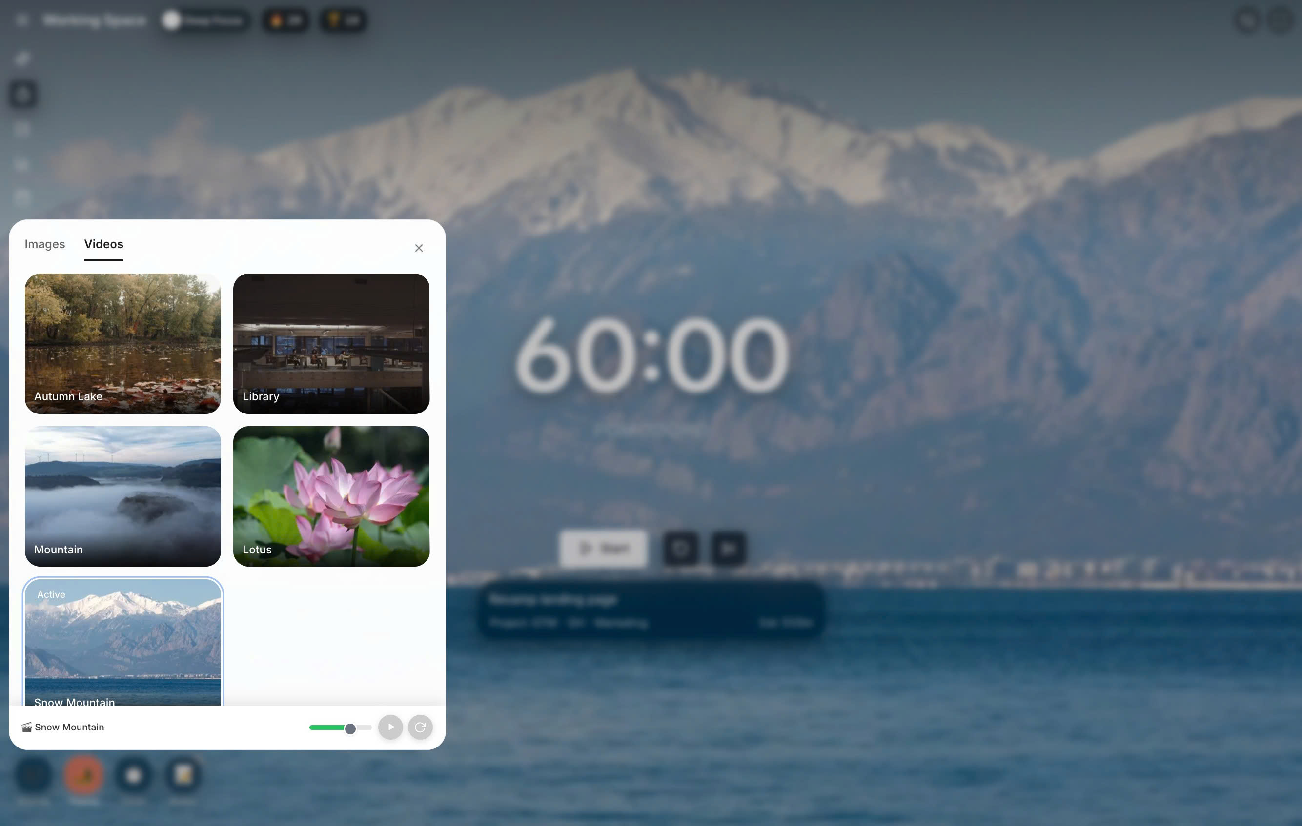 Kronos animated video background picker showing café, mountain, lotus, and snow mountain scenes